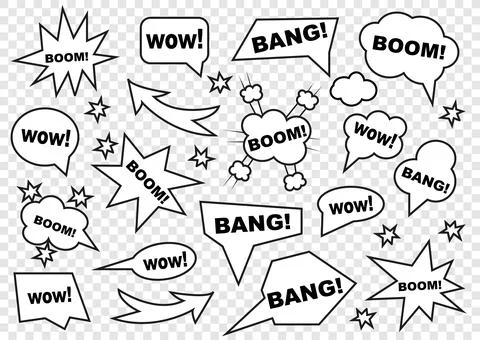 Retro blank comic bubbles and elements with black halftone shadows Stock Illustration