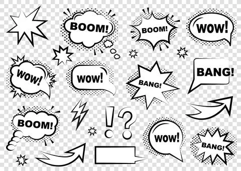 Retro blank comic bubbles and elements with black halftone shadows イラスト素材