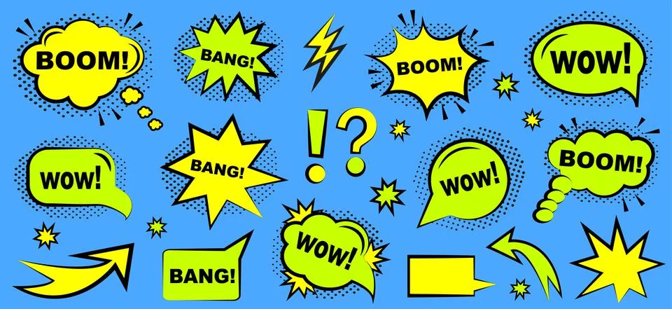 Retro blank comic bubbles and elements with black halftone shadows on a blue イラスト素材