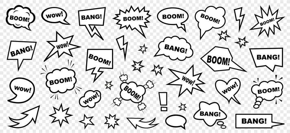 Retro blank comic bubbles and elements with black halftone shadows Stock Illustration