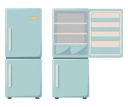 Retro blue refrigerator set in flat style, isolated closed and open fridge .. Ilustración de archivo