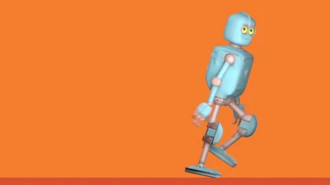 Retro blue robot character running, 3d render, alpha channel Stock Footage 245720896