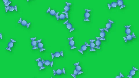 Retro Blue Wrapped Candies Falling Over Solid Green Background Stock Footage 342218633