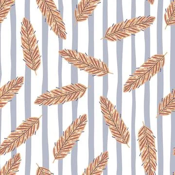 Retro boho illustration with feather seamless doodle pattern. Beige random pr Stock Illustration