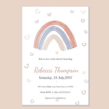 Retro Boho Rainbow Hearts Vector Baby Shower Invitation Stock Illustration