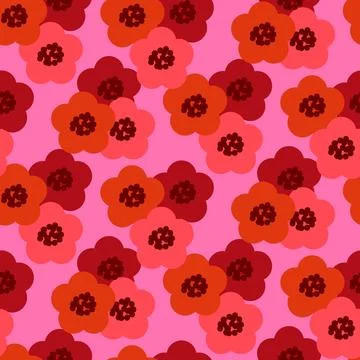 Retro bold floral vector vibrant pink red ditsy background. Surface pattern.. Stock Illustration