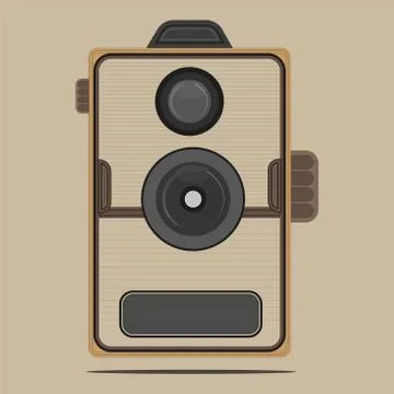 Retro box camera vector drawing on a light brown background Stock Illustration