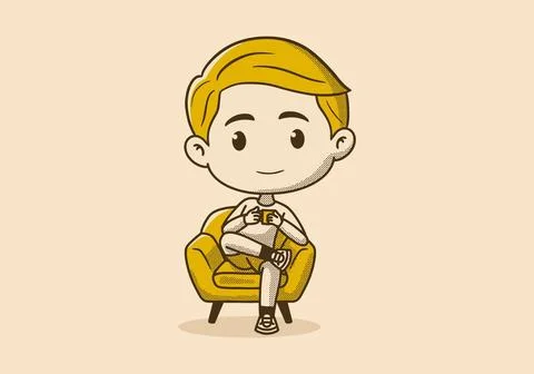 Retro boy character sitting on the sofa and drinking coffee design Stock Illustration
