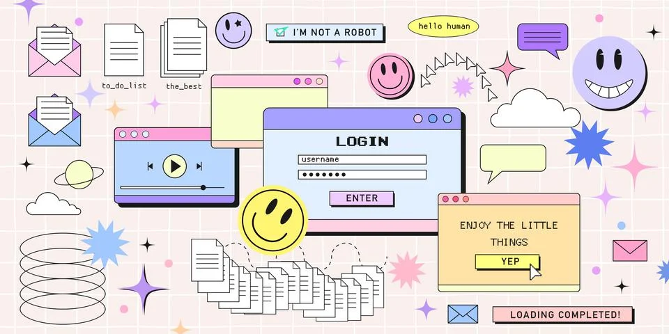 Retro browser computer window in 90s vaporwave style with smile face hipster Stockillustratie