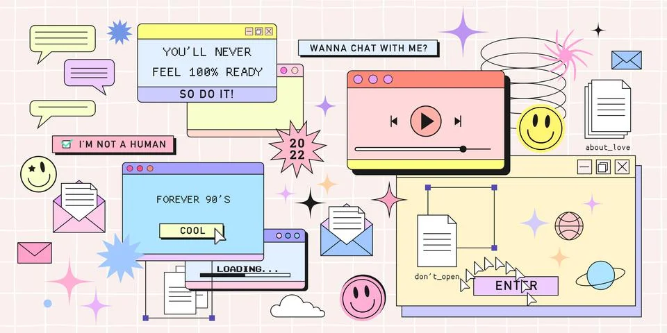 Retro browser computer window in 90s vaporwave style with smile face hipster Stockillustratie