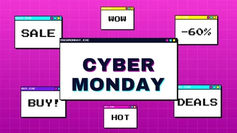 Retro browser windows popping open with sale deals and a big Cyber Monday window Vídeo Stock 348330714