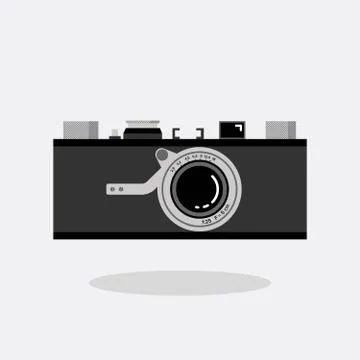 Retro camera black and silver. Flat vector illustration. Front view. Illustrazione stock