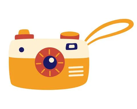 Retro camera in a cartoon style. Old camera with strap. Recreation tourism. M Illustrazione stock