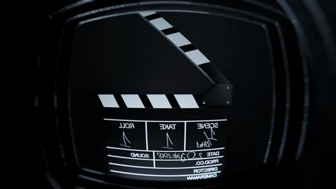 "Retro camera close. Board clapper in reflection. Cinematography movie Stock Footage