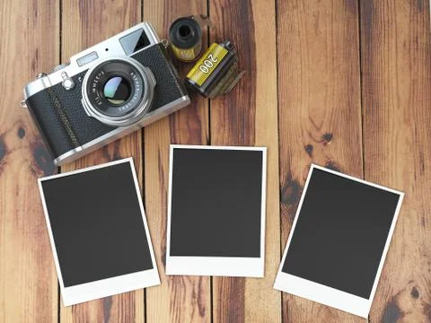 Retro camera, empty photo frames pictures and film canisterrs  on wood table. Stock Illustration