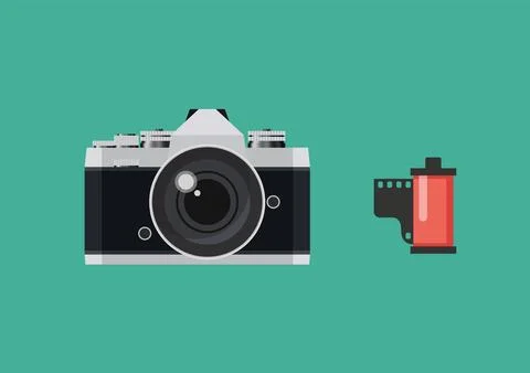 Retro camera with film roll in a flat style Stock Illustration