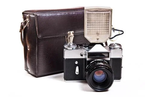 Retro camera with flash isolated on white on the white background. Stock Photos