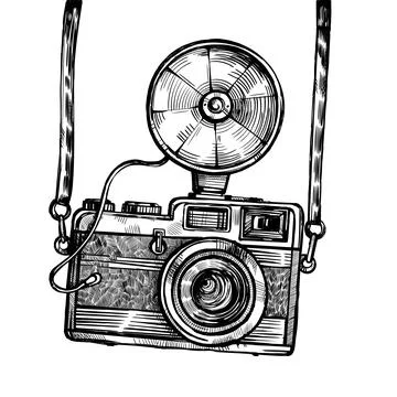 Retro camera with flash vintage vector sketch Illustrazione stock