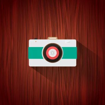 Retro camera flat icon for web design and mobile app on brown wood background Stock Illustration