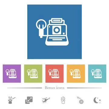Retro camera flat white icons in square backgrounds Stock Illustration