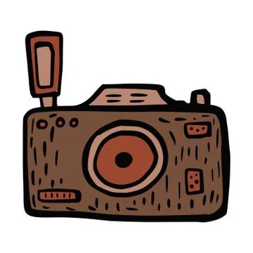 Retro camera isolated on white background. Hand drawn vintage icon photo came Stock Illustration