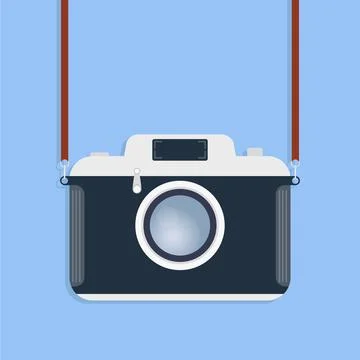 Retro camera. Old camera with strap isolated on a blue background. Vector Stock Illustration