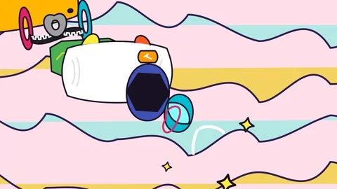 Retro Camera Rotating Over Colorful Abstract Wavy Lines 2D Cartoon Animation Stock Footage 341410058