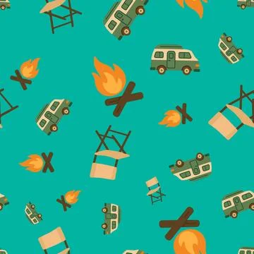 Retro Camping Van and Fire Icons Pattern Stock Illustration