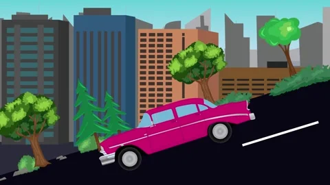 Retro car animation going down the valley on the street, city background Stock Footage 331633751