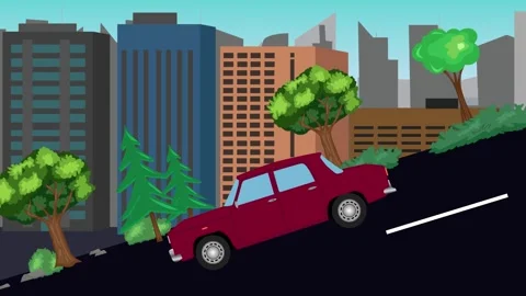 Retro car animation going down the valley on the street, city background 库存影片 331633753