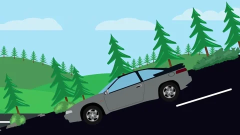 Retro car animation going down the valley on the street, nature trees background Stock Footage 332828472