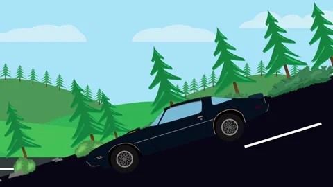 Retro car animation going down the valley on the street, nature trees background Stockbeeldmateriaal 332828477