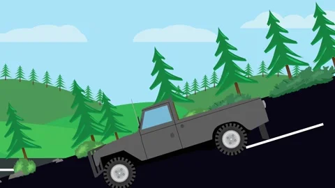Retro car animation going down the valley on the street, nature trees background Stockbeeldmateriaal 332828870