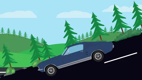 Retro car animation going down the valley on the street, nature trees background Vidéo 332829074
