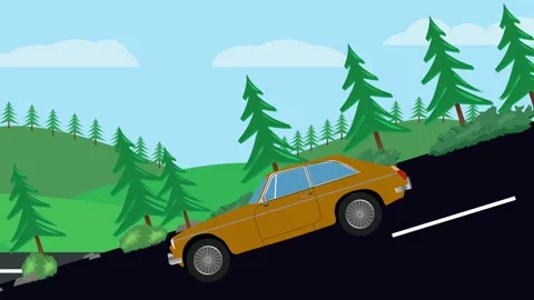 Retro car animation going down the valley on the street, nature trees background Vidéo 332829229
