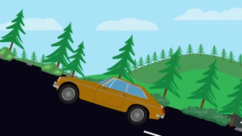 Retro car animation going up to the hill, nature trees background Stock Footage 333494550
