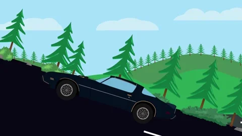 Retro car animation going up to the hill, nature trees background Stock Footage 333494552