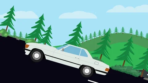 Retro car animation going up to the hill, nature trees background Stock Footage 333494561