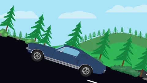 Retro car animation going up to the hill, nature trees background Stock Footage 333494566