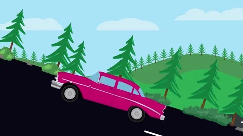 Retro car animation going up to the hill, nature trees background Stock Footage 333494567