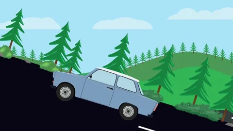 Retro car animation going up to the hill, nature trees background Stock Footage 333494569