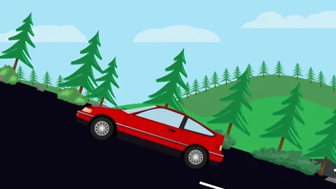 Retro car animation going up to the hill, nature trees background Stock Footage 333494570
