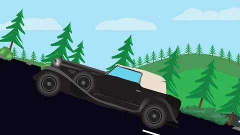 Retro car animation going up to the hill, nature trees background Stock Footage 333494578