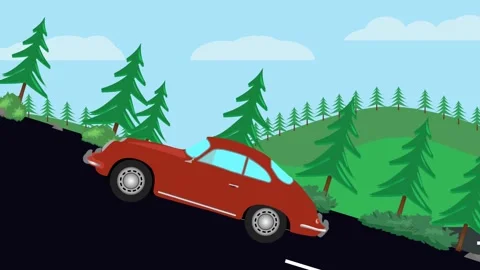 Retro car animation going up to the hill, nature trees background Stock Footage 333494580
