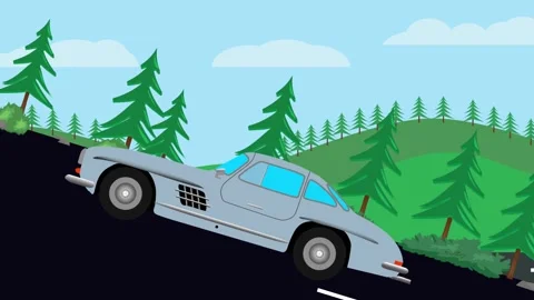 Retro car animation going up to the hill, nature trees background Stock Footage 333494584