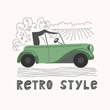 Retro car on landscape background Stock Illustration