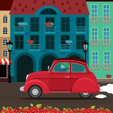 Retro car rides through the old town Stock Illustration