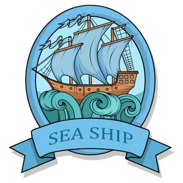 Retro Cargo Ship. Sailing ship. Sailing boat logo. Stock Illustration