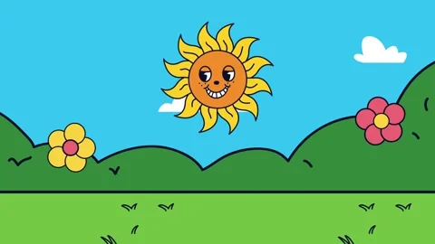 Retro cartoon animation of a smiling sun character in a peaceful nature lan.. Stock Footage 339070458