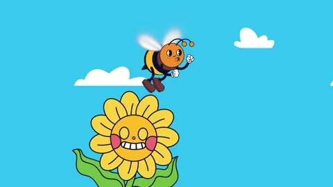 Retro cartoon bee flying through sky past cheerful smiling sunflower and fl.. Stock Footage 338986404
